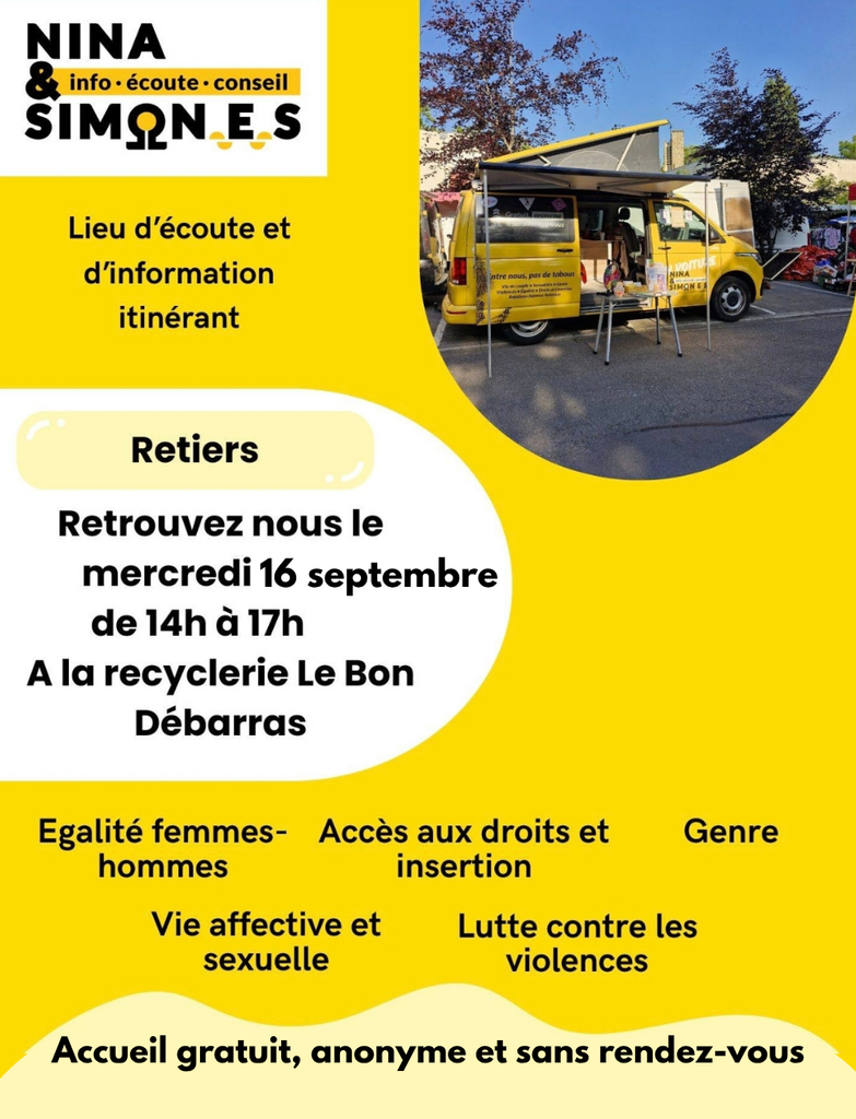 Van Nina & Simon.e.s lieu d'écoute et d'information itinérant sur l'égalité femme-homme sur le parking de la recyclerie le mercredi 16 septembre