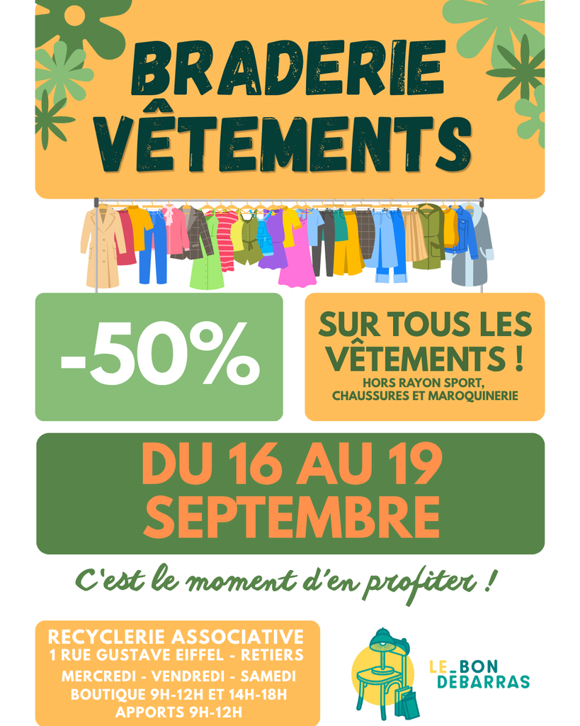 Du 16 au 19 septembre, profitez de -50% sur les vêtements d'été 👗👒👚🎽 avant le renouvellement complet du rayon !